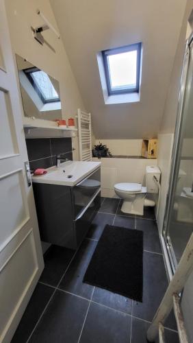 La salle de bains est pourvue d'un lavabo et de toilettes avec des lucarnes. dans l'établissement Maison de ville avec garage, à Beaugency