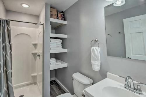 uma casa de banho com um WC, um lavatório e um espelho. em The Pad-Spacious King apartment on main level em Albert Lea