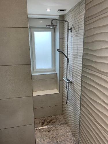 La salle de bains est pourvue d'une cabine de douche et d'une fenêtre. dans l'établissement Appartement Lumineux Hypercentre, à Épinal