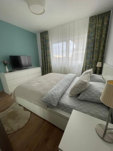 um quarto com uma cama, uma janela e uma televisão em EliteVista by Cristian em Timisoara