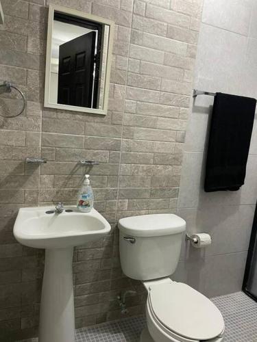 uma casa de banho com um WC, um lavatório e um espelho. em Salvali em Ciudad Madero