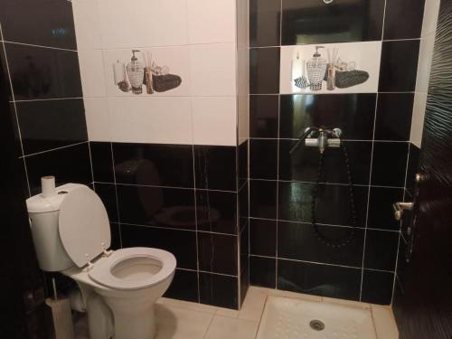 La salle de bains est pourvue de toilettes et d'une douche avec du carrelage noir. dans l'établissement Appartement du luxe, à Ifrane