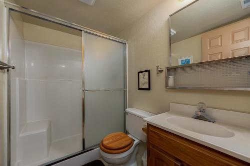 a bathroom with a toilet and a sink and a shower at Dragonfly Lodge in Arnold