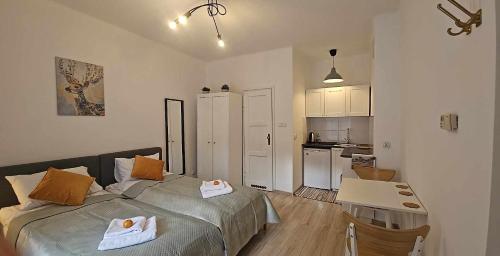 um pequeno quarto com uma cama e uma cozinha em Apartamenty Nikodem in Old Town - Krakow center em Cracóvia