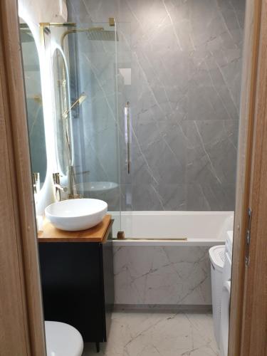 a bathroom with a sink and a toilet and a shower at Apartament Kościuszki Iława in Iława