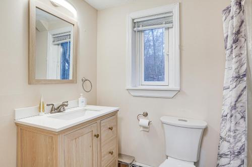 a bathroom with a sink and a toilet and a mirror at Pet-Friendly Burlington Home 17 Mi to Boston! in Burlington