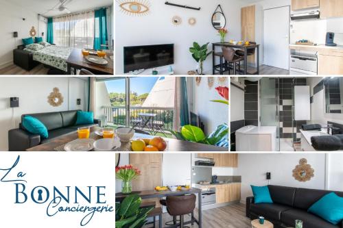 un collage de photos d'un salon et d'un appartement dans l'établissement L'Éden des Vacances * clim * Terrasse * wifi *Port, à La Grande Motte