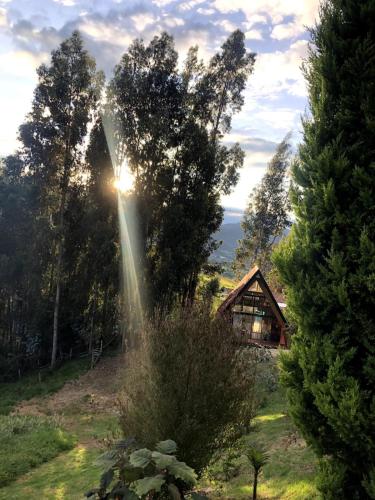 a sun shines through the trees in front of a cabin at Casa Índigo Tabio in Tabio