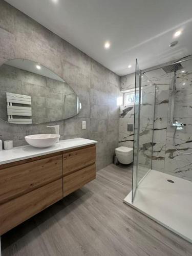 bagno con lavandino e doccia in vetro di Maison meublée à louer 