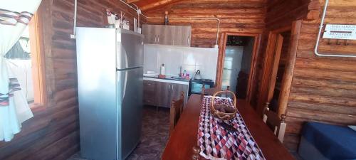 a kitchen with a refrigerator and a table in a cabin at Cabañas Angualasto in Uspallata