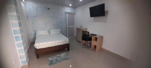 a bedroom with a bed and a desk and a television at POSADA HIGH TIDE in San Andrés