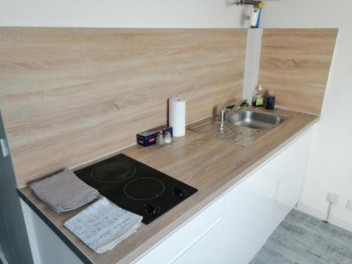 Il comprend une cuisine équipée d'un évier et d'une cuisinière. dans l'établissement Studio 6 proche du port, à Cancale