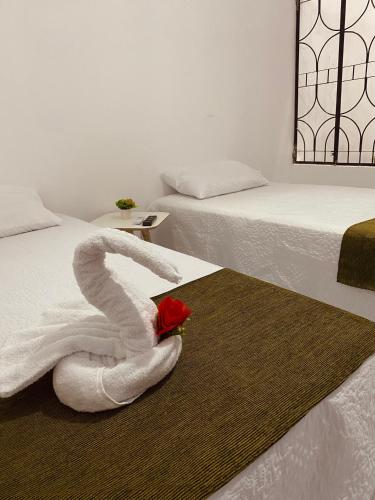 Serra de São Bento的住宿－Pousada Bouganville da Serra，一间设有两张床的房间,配有用毛巾制成的天鹅