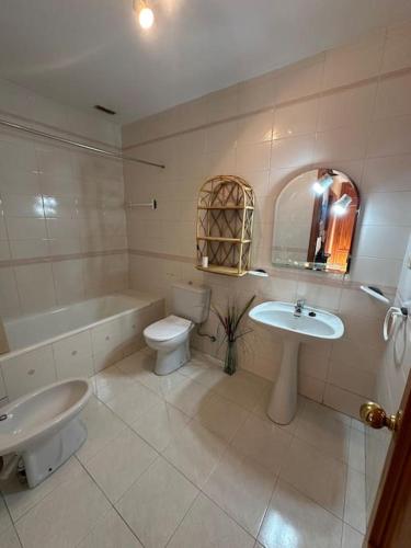 uma casa de banho com um lavatório, um WC e uma banheira em Casa en las buganvillas Vera Playa em Playas de Vera