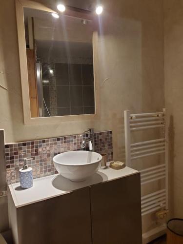 une salle de bain avec un lavabo et un miroir dans l'établissement Maison avec extérieur à 5 min du futuroscope, à Jaunay-Clan