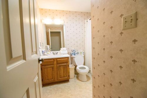 a bathroom with a toilet and a sink and a mirror at Seacastles Resort in Ogunquit