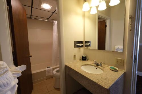 a bathroom with a sink and a toilet and a mirror at Fireside Inn and Suites Bangor in Bangor