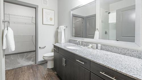 La salle de bains est pourvue d'un lavabo, de toilettes et d'un miroir. dans l'établissement Landing Modern Apartment with Amazing Amenities (ID1191X124), à San Antonio