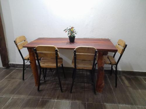 梅塞德斯的住宿－dulce claudina，一张带椅子的木桌和一盆盆植物