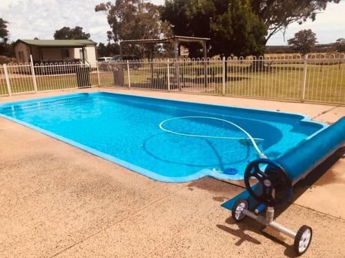 una piscina con scivolo d'acqua blu di Crossroad Cabins Tooraweenah 