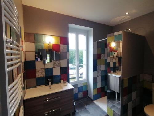 uma casa de banho com um lavatório e um espelho em Gîte Nuillé-sur-Vicoin, 4 pièces, 6 personnes - FR-1-600-194 em Nuillé-sur-Vicoin
