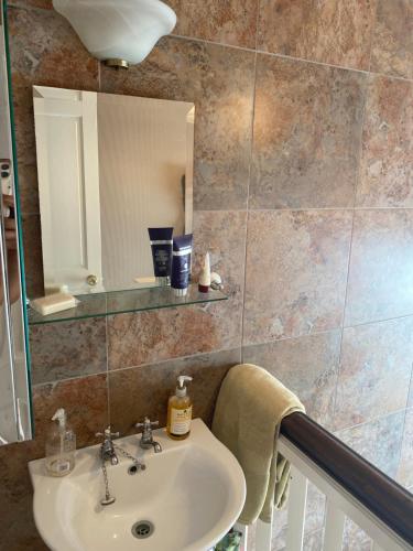 ein Bad mit einem Waschbecken und einem Spiegel in der Unterkunft Double room minutes from the beach in Bexhill