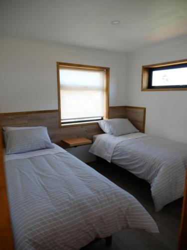 2 Betten in einem Zimmer mit 2 Fenstern in der Unterkunft M House Pichilemu in Pichilemu