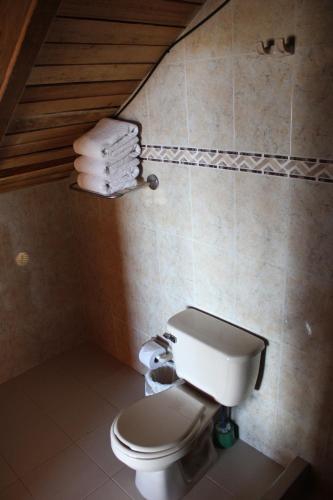 y baño con aseo y toallas. en Hotel El Camino Real, en Aquitania