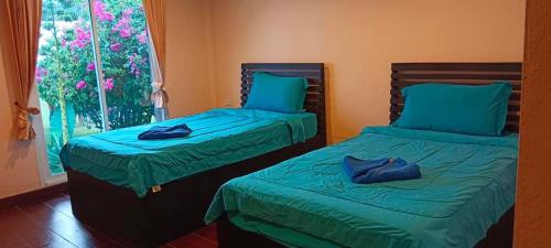 ヤオノイ島にあるํYada Resort Koh Yao Noiのベッド2台 緑のシーツ、窓が備わる客室です。