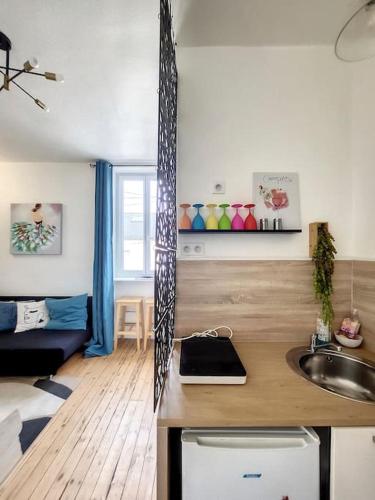 une cuisine avec un comptoir et un évier dans une pièce dans l'établissement Le chantenay, à Nantes