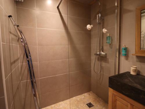 uma casa de banho com um chuveiro e uma porta de vidro em Studio Tignes, 1 pièce, 4 personnes - FR-1-502-554 em Tignes