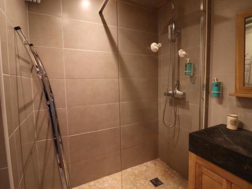 une salle de bain avec une douche avec une porte vitrée dans l'établissement Studio rénové à Tignes · Proche pistes et commerces · Balcon exposé Sud · WIFI inclus - FR-1-502-554, à Tignes
