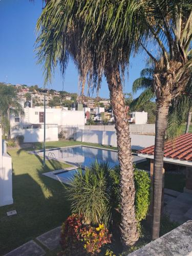 two palm trees in a yard with a swimming pool at Casa cerca de ex hacienda temixco in Morelos