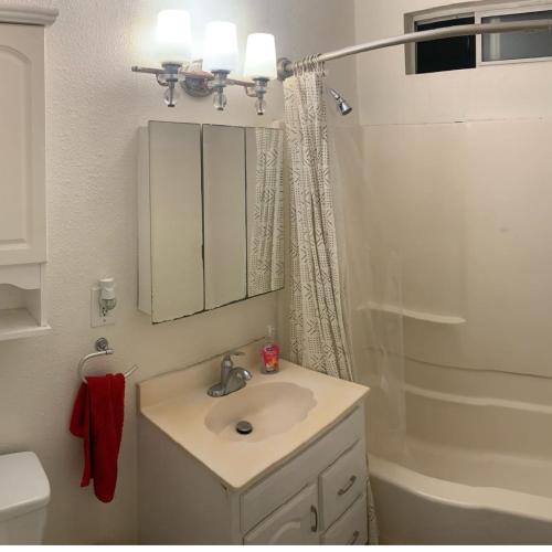 a bathroom with a sink and a mirror and a shower at Nearby Beach House in El Segundo