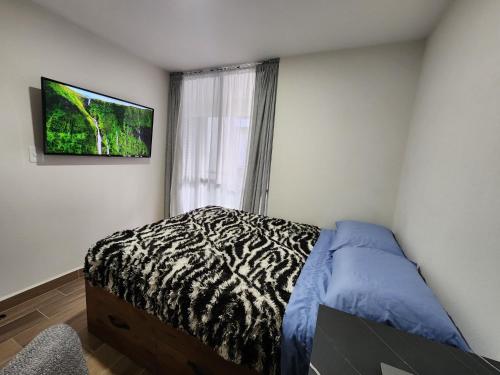 a bedroom with a bed and a television on the wall at Habitacion en Departamento Compartido in Mexico City