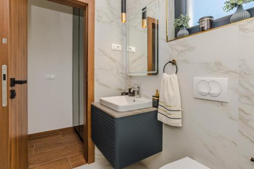 een badkamer met een wastafel en een spiegel bij Villa Anabel in Privlaka