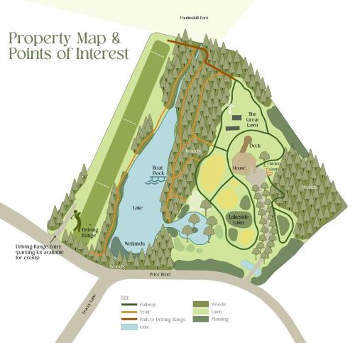 a conceptual plan of a property map and points of interest at 13-Acre Private Estate, Private Lake, Private Golf Range, Private Forest & Hiking Trails in Ross Corner