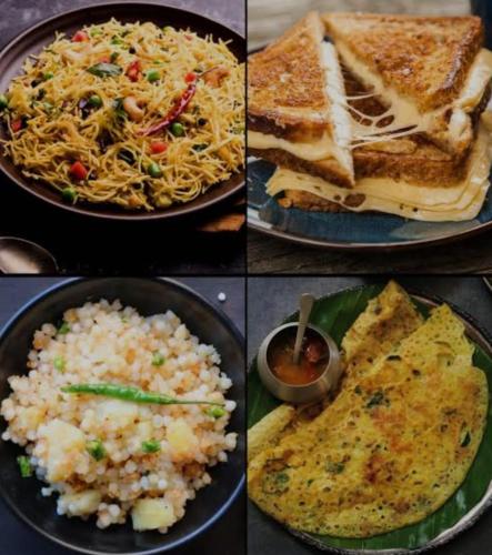 a group of four pictures of different types of food at Hotel Maan Palace in Vadodara
