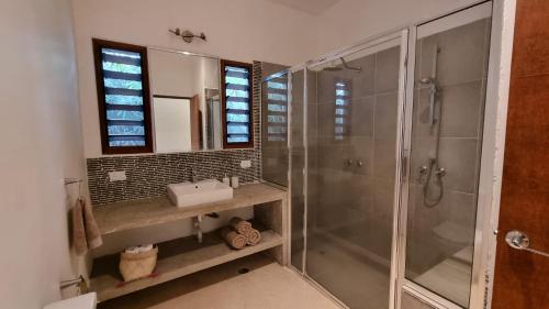 a bathroom with a shower and a sink and a mirror at Longview - stunning views, sleeps 7 in Port Vila