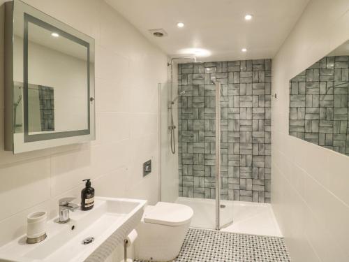 a bathroom with a shower and a toilet and a sink at The Escape in Great Malvern