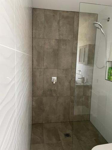 W łazience znajduje się prysznic ze szklanymi drzwiami. w obiekcie Sandstone Family Apartment w mieście Grindelwald
