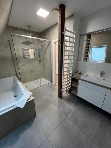 a bathroom with a shower and a tub and a sink at Parkhotel Smržovka in Smržovka