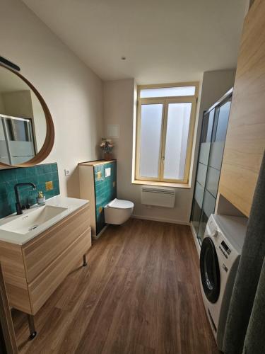 bagno con lavandino, servizi igienici e specchio di Kings View a Roche-la-Molière