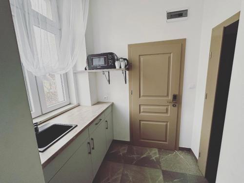 uma pequena cozinha com um lavatório e uma porta em Apartamenty Retro em Dąbrowa Górnicza