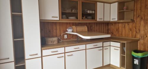 a kitchen with white cabinets and a hair dryer at Darkwolf House in Merseburg