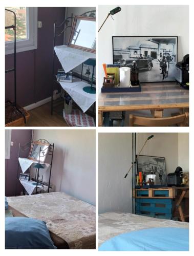 un collage de photos d'une chambre avec un lit et un bureau dans l'établissement Nids Les Peupliers Paris, à Longjumeau