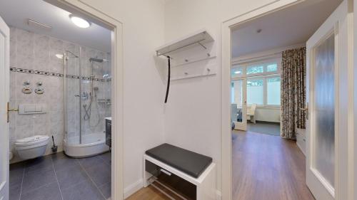 a bathroom with a shower and a toilet and a sink at Villa Stranddistel in Binz