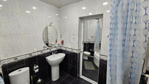uma casa de banho com um lavatório, um WC e um chuveiro em Bulvar apart em Baku
