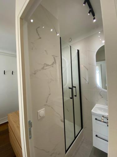 uma casa de banho com uma cabina de duche em vidro e um lavatório. em Maison Auguste em Paris