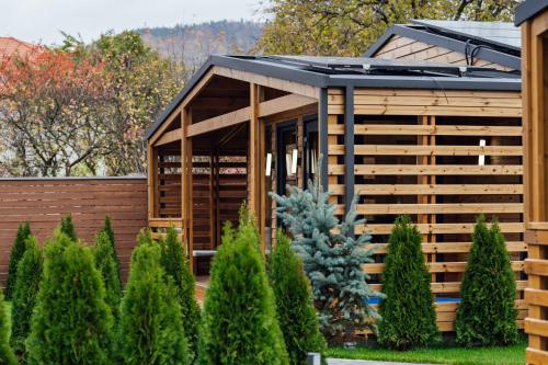 a wooden cabin with a solar roof in a garden at Telegdy Homes in Praid